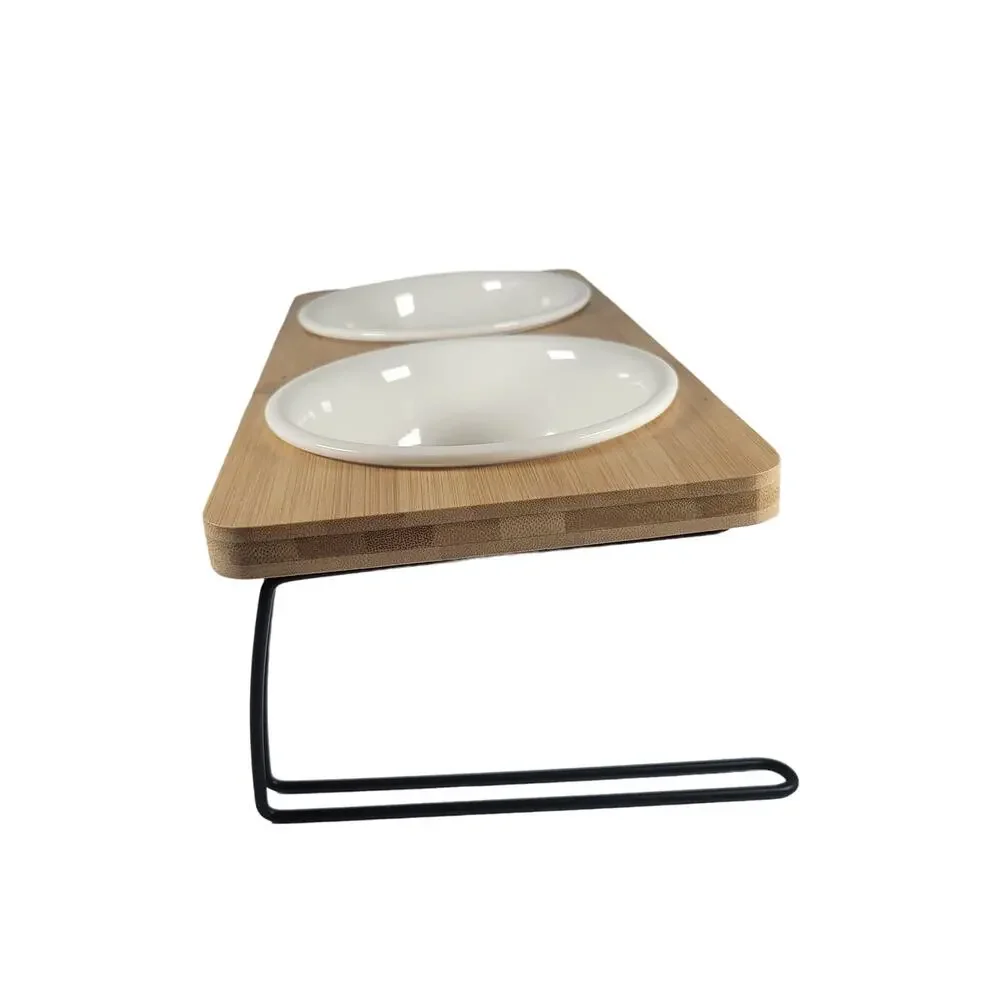 Elevated Bamboo Dog Bowl Stand with White Bowls